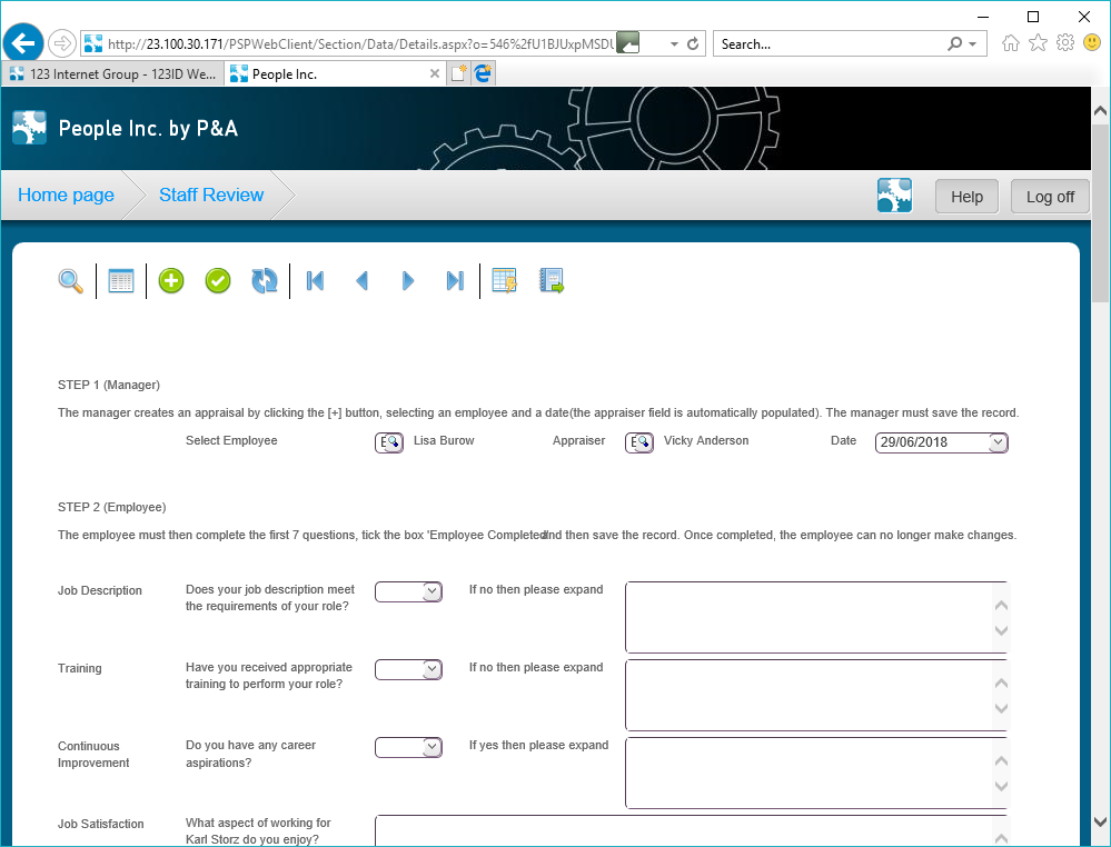 People Inc Employee Self Service web page displaying a bespoke appraisal form listing a number of questions to be completed